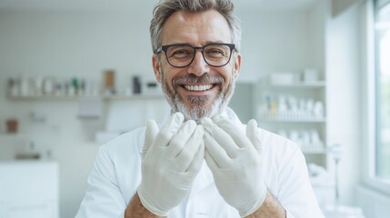 Smiling male dentist wearing gloves in a bright modern clinic.