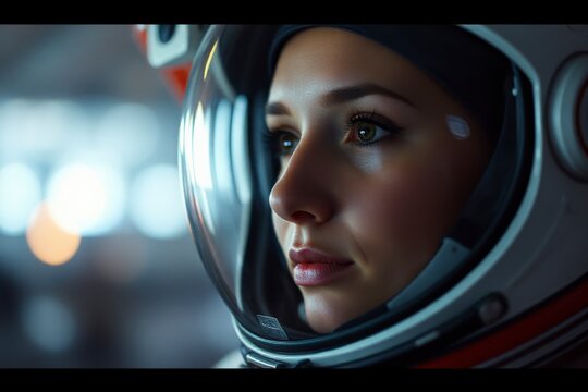 Close-up of a female astronaut in a spacesuit, highlighting her focused expression as she prepares for an upcoming mission into space