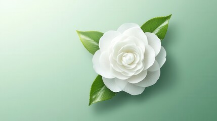Fototapeta premium White Camellia Flower on Green Background with Fresh Leaves