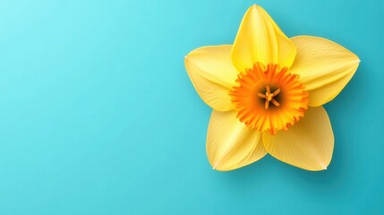 Fototapeta premium Bright Yellow Daffodil Flower Against Turquoise Background