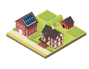 Isometric block with layers of earth. Village setup with houses featuring solar panels, gardens, fields, and a small shed. Perfect for housing and rural community designs. Vector illustration