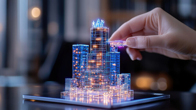 conceptual image of business using technology to visualize urban development. hand interacts with holographic city model, showcasing innovation and modern architecture