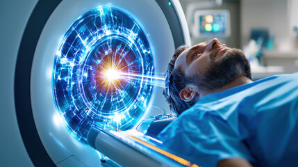 conceptual image of futuristic X ray device scanning patient, showcasing advanced technology and vibrant energy patterns. scene evokes sense of innovation and medical progress
