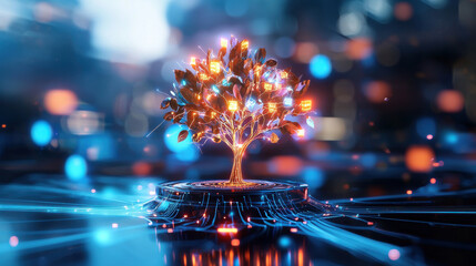 conceptual image of AI evolution featuring digital tree with glowing branches and leaves, symbolizing growth and technology in futuristic setting