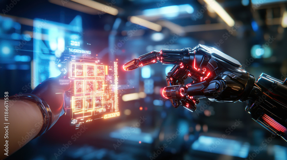 Poster futuristic scene depicting robotic hand interacting with holographic display, showcasing advanced technology and AI research. glowing elements create captivating atmosphere