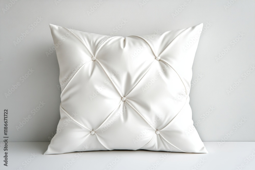 Poster a flat design of a single tufted cushion in neutral tones, styled against a plain white canvas