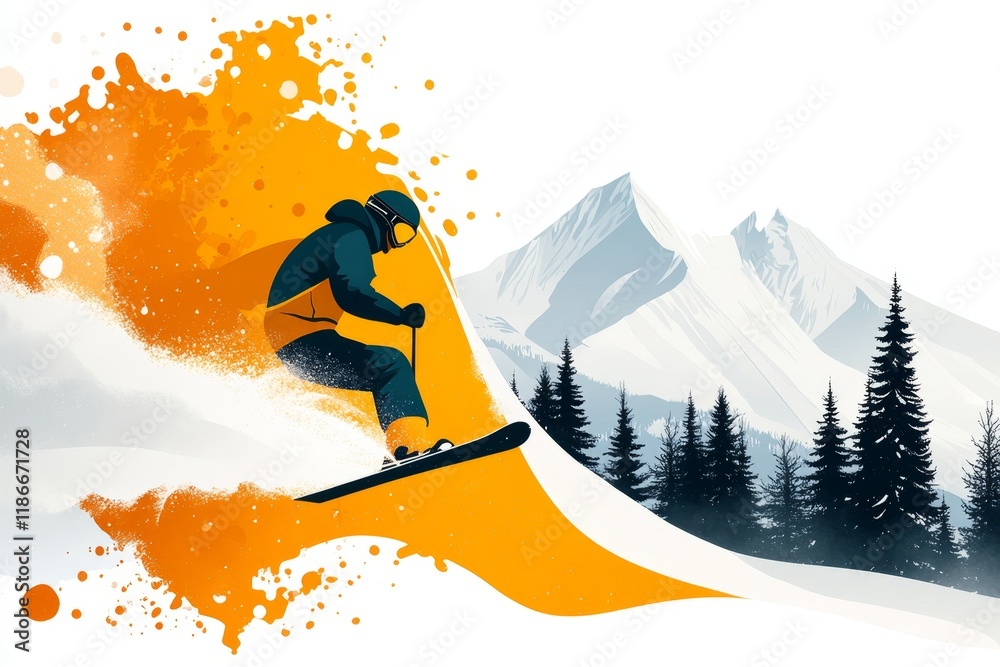 Aufkleber a flat design of a skier descending the wasatch range, surrounded by simplified snowy peaks and pine