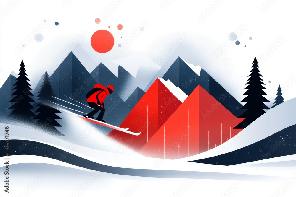Poster A flat design of a skier descending the Wasatch Range, surrounded by simplified snowy peaks and pine trees on a clean white canvas