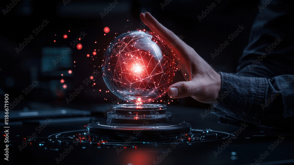 Poster conceptual image of entrepreneur investing in new technology, showcasing glowing orb with interconne