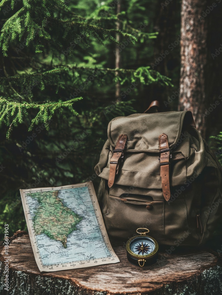 Aufkleber Exploring the wilderness with a compass, map, and backpack on a tree stump in a lush forest setting. Generative AI