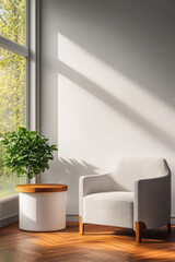 Cozy corner with a modern chair and indoor plant bathed in morning sunlight