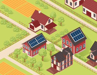 Isometric rural neighborhood with solar-powered houses, farmland, and lush green trees, connected by structured paths. Perfect for eco-housing or countryside illustrations. Vector illustration
