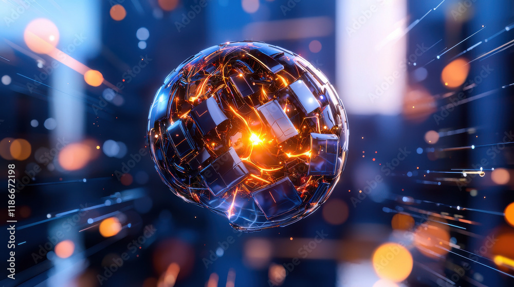 Poster conceptual image of artificial intelligence represented as glowing sphere with intricate patterns and dynamic light effects, symbolizing technology and innovation