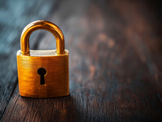 Fototapeta premium Close-Up of a Vintage Brass Padlock on a Dark Wooden Background for Security and Privacy Themes