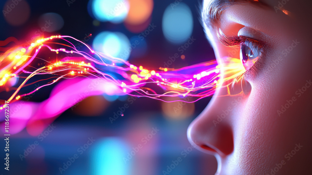 Poster conceptual image of digital immortality featuring person eye, illuminated with vibrant colors and ab