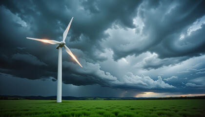 Obraz premium Dynamic wind turbine in a lush landscape under a dramatic sky filled with fast-moving rain clouds