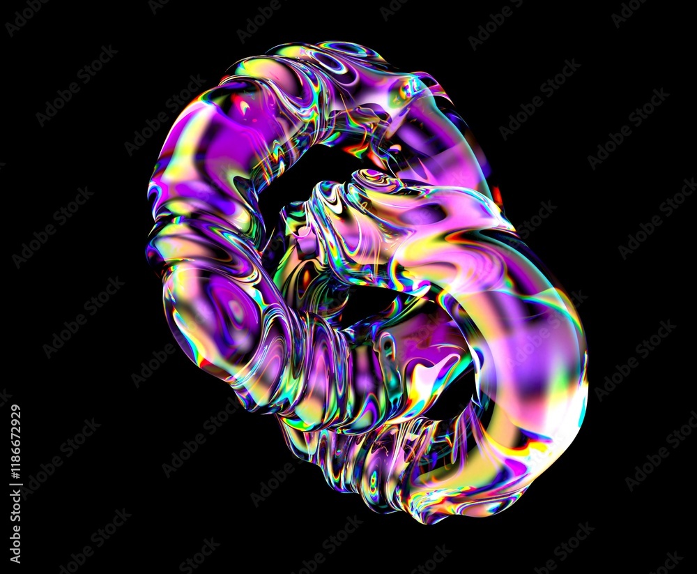Poster two interlocking rings made of glass with holographic light aberrations. bold bright illustrations i
