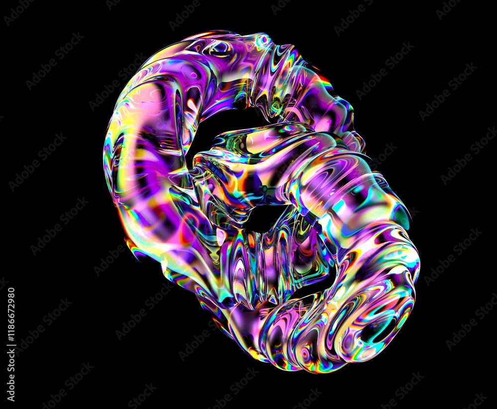 Poster two interlocking rings made of glass with holographic light aberrations. bold bright illustrations i