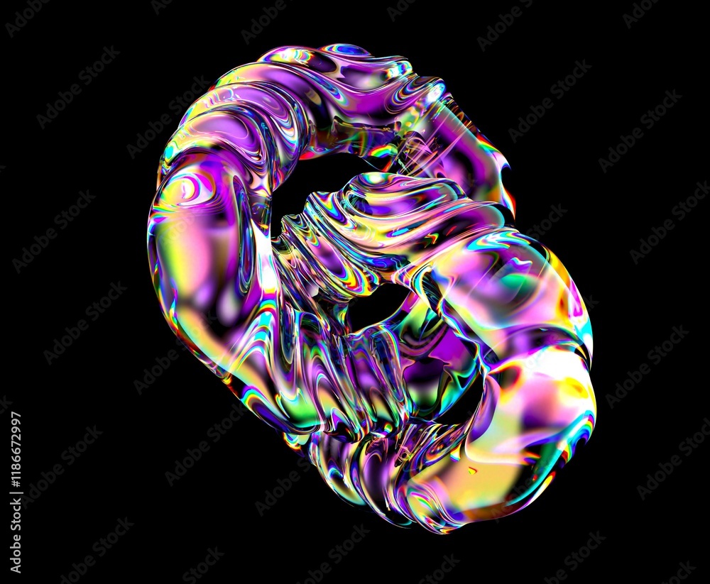Poster two interlocking rings made of glass with holographic light aberrations. bold bright illustrations i