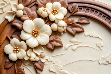 Exquisite Wooden Floral Relief Art with Elegant White Blossoms and Detailed Leaf Patterns