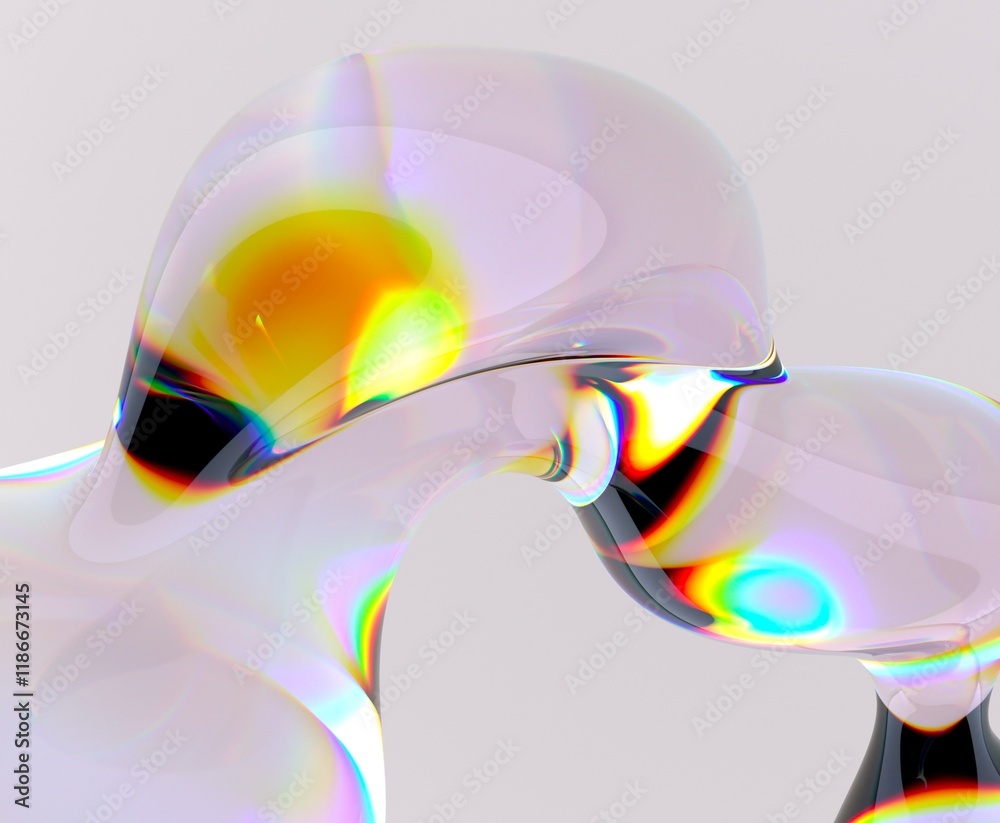 Aufkleber Abstract 3D render of a liquid form with iridescent, rainbow highlights. The glossy surface reflects light, creating a mesmerizing, fluid effect.