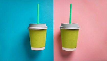 two starbucks coffee cups with green straw isolated on pink and blue background