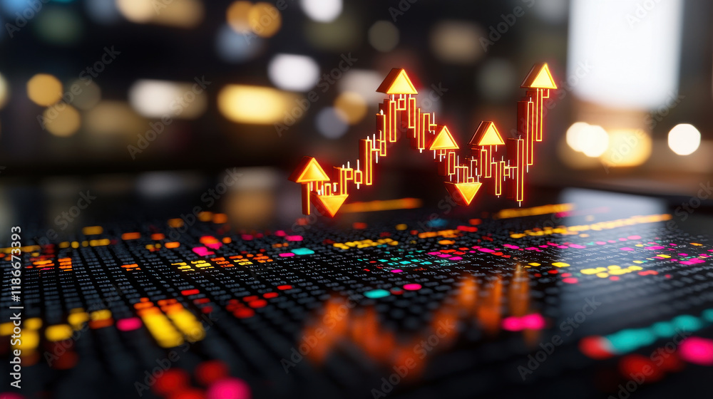Leinwandbilder conceptual image of global economic trends with rising graphs and data visualizations. vibrant colors and upward arrows symbolize growth and market dynamics