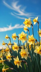 Fototapeta premium Bright yellow daffodils bloom in a lush field beneath a clear blue sky, symbolizing the freshness and vitality of springtime