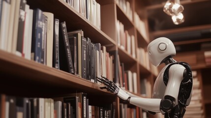 Fototapeta premium A Robot Reaching for a Book on a Shelf in a Library - Generative AI