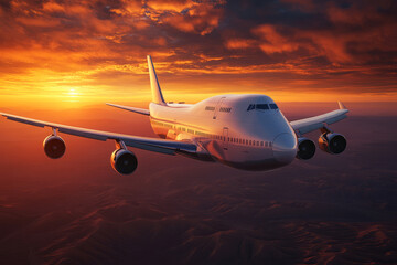 Fototapeta premium Airplane Flying in the Sky at Sunset Over Gorgeous Mountain Landscape and Vibrant Clouds