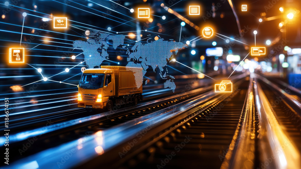 Poster conceptual image of interconnected global markets featuring yellow truck on railway tracks at night,