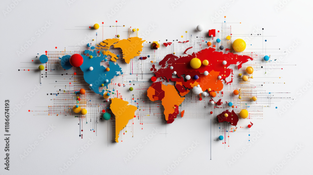 Aufkleber colorful world map illustration with data points and graphs, representing global market analysis and data driven insights