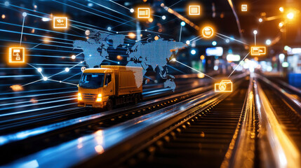 Fototapeta premium conceptual image of interconnected global markets featuring yellow truck on railway tracks at night, symbolizing logistics and transportation networks