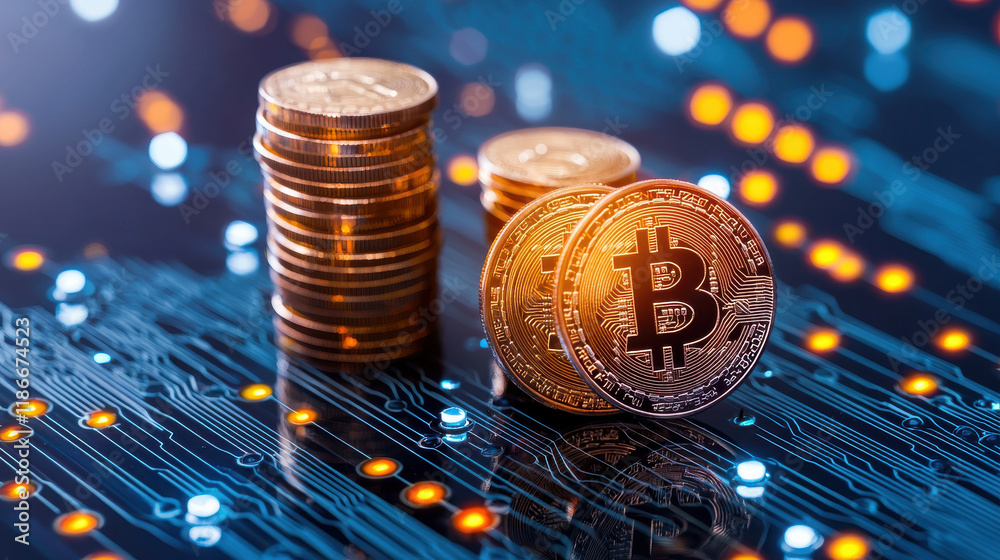Fototapete Digital currency coins on circuit board background, symbolizing cryptocurrency and blockchain technology. image conveys innovation and financial growth