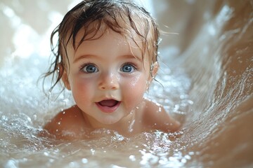 A baby playing in a bathtub with water flowing out