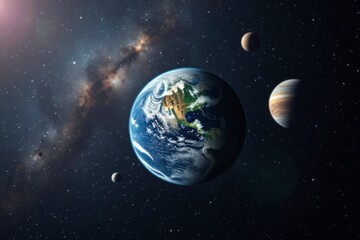 Obraz premium A vivid representation of Earth immersed in space, showcasing neighboring planets and celestial elements with intricate details and colors.