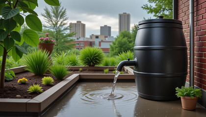 Obraz premium Eco-friendly urban garden featuring a rainwater collection system with a barrel and lush greenery on a rooftop