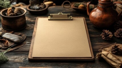 Blank Recipe Clipboard Mockup on Rustic Wooden Table with Herbs and Teapot