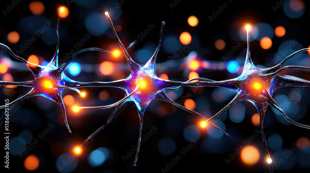 Fototapete Conceptual visualization of neurons and synapses, showcasing intricate connections and glowing elements representing neural activity. This evokes sense of intelligence and complexity