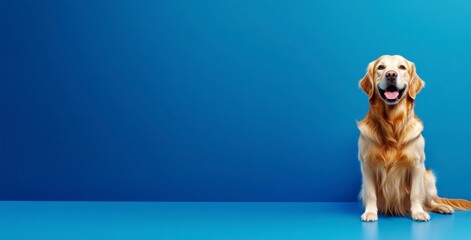 Golden Retriever Smiles: A cheerful Golden Retriever sits with a wide, toothy grin against a vibrant blue backdrop, radiating joy and warmth.