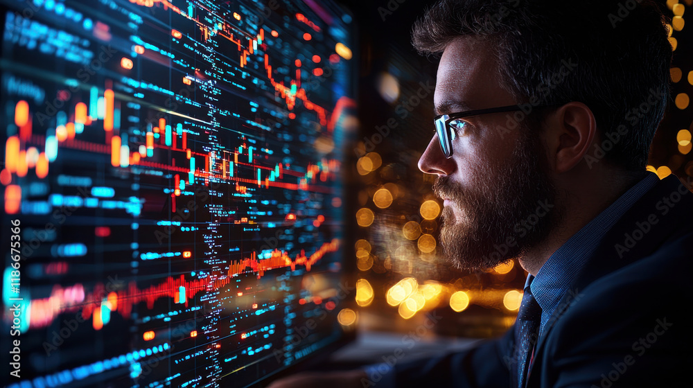 Aufkleber corporate strategist analyzing global economic trends with data visualization, focused on market ana