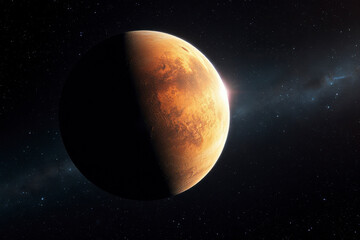 Mars appears vivid with its iconic reddish hue alongside one of its moons in the backdrop of deep space.