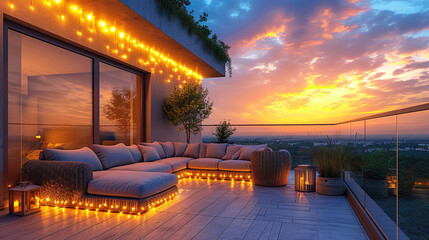 Twilight Balcony Ambiance on a Cozy Balcony with Lights