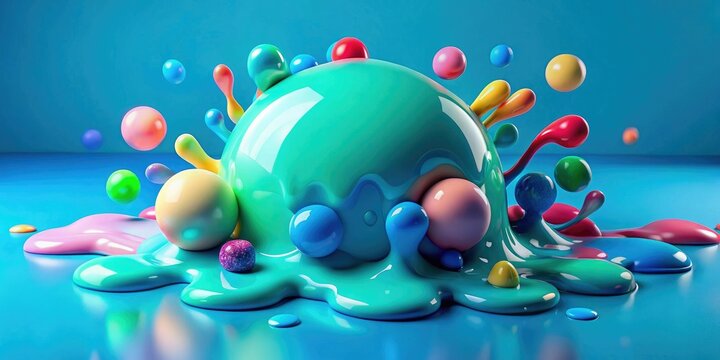 A blob of teal slime on a blue background with other colorful blobs and patterns, pattern, colorful, artwork, teal slime
