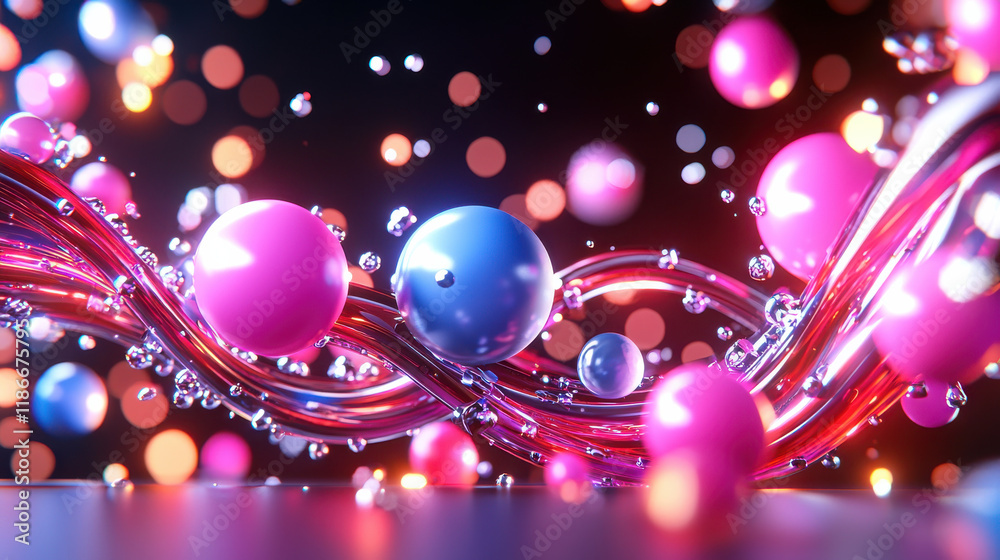 Poster Glowing abstract forms with colorful spheres and flowing lines create vibrant cosmic inspired scene. interplay of light and color evokes sense of wonder and creativity