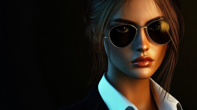 Close up of woman wearing secret agent style glasses against black background. AI generated image