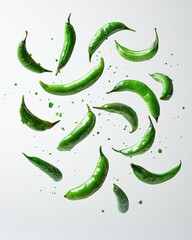 Vibrant green snap peas suspended in mid-air, creating a dynamic and appetizing food image perfect for culinary or healthy eating themes.