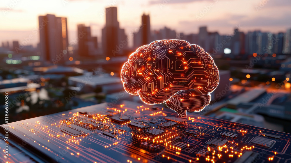 Poster creative concept of intelligence depicted by glowing brain on circuit board, symbolizing technology 