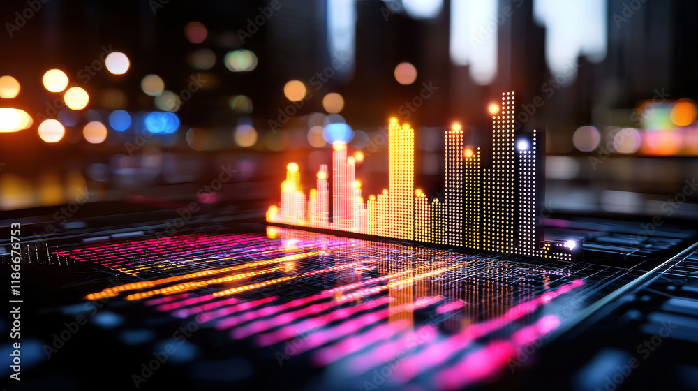 Leinwandbilder futuristic cityscape with vibrant data visualization, showcasing colorful graphs and digital element
