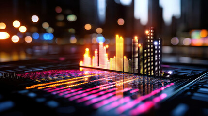 Futuristic cityscape with vibrant data visualization, showcasing colorful graphs and digital elements, representing technology and innovation in urban environments